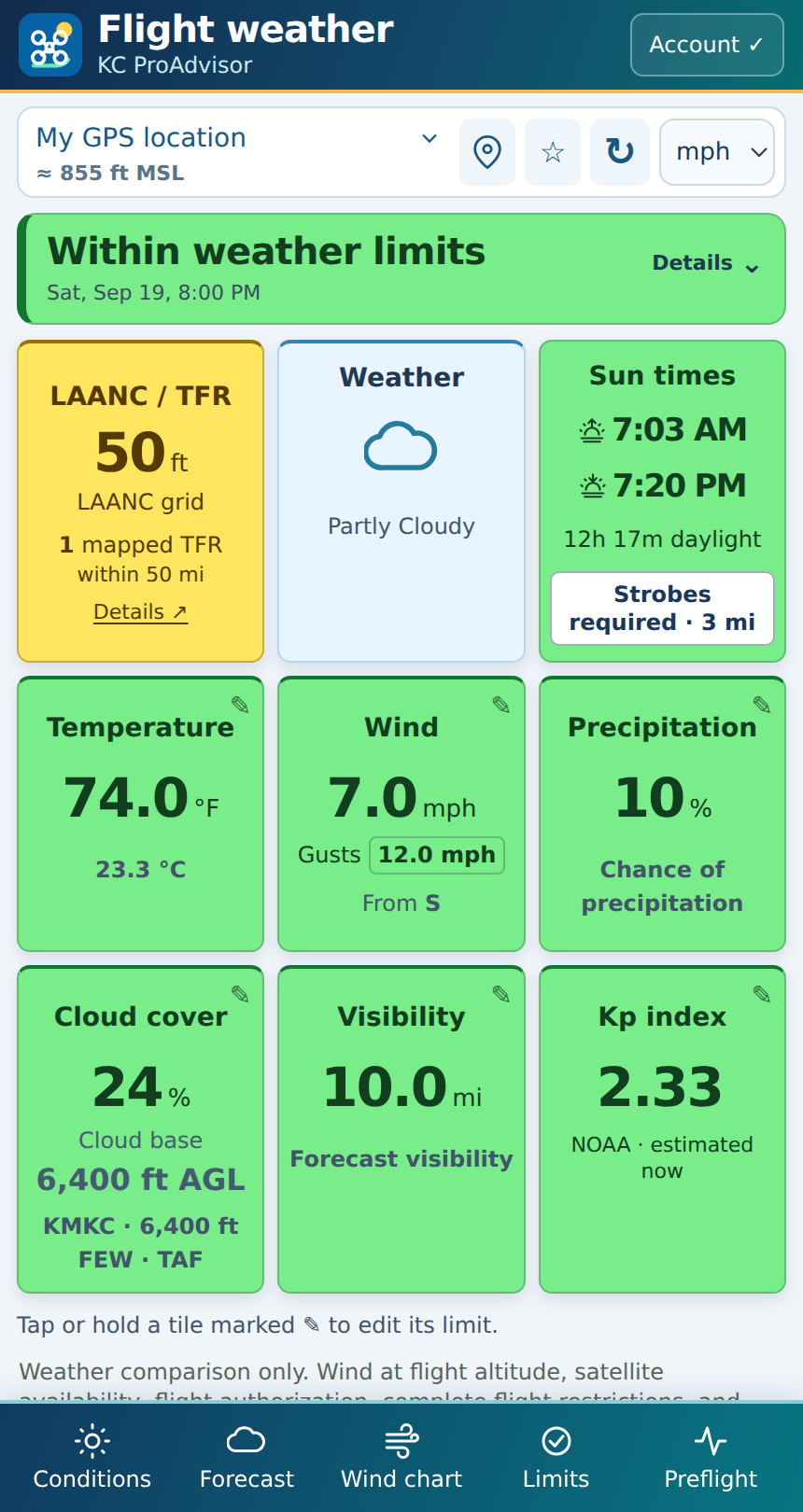 Example Flight Weather screen with LAANC and TFR, sun times, temperature, combined wind, precipitation, cloud cover, visibility, and Kp tiles.